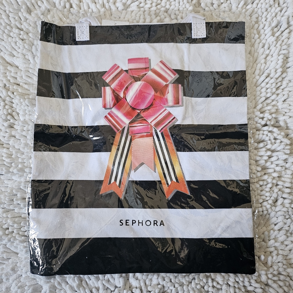 💝 FREE w/ Purchase!! Sephora Striped Tote Bag with Pink Ribbon